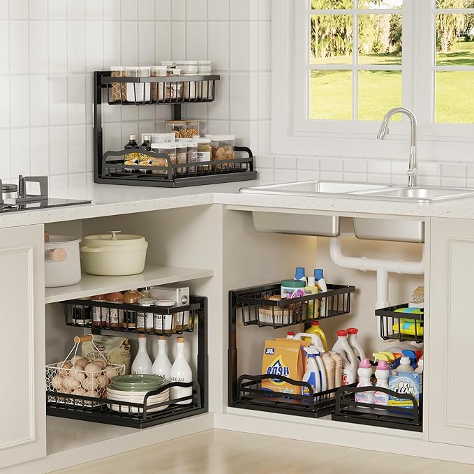 AceMining Under Sink Organizer 2 Pack, L-Shaped 2 Tier Pull Out Cabinet Organizer with Sliding Drawer, 5-Level Height Adjustable Metal Under Sink Storage for Kitchen, Bathroom Organization