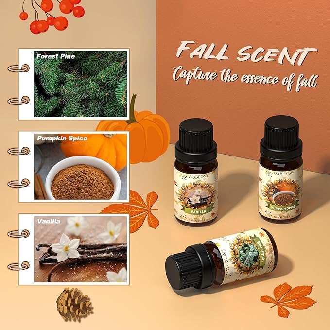WUSEONY Fall Essential Oil for Diffusers, Autumn Fragrance Oil Set, Aromatherapy Oils Gift Set for Candle Soap Making - Apple Cider, Nutmeg, Snickerdoodle, Vanilla, Forest Pine, Pumpkin Spice, 6x10ml