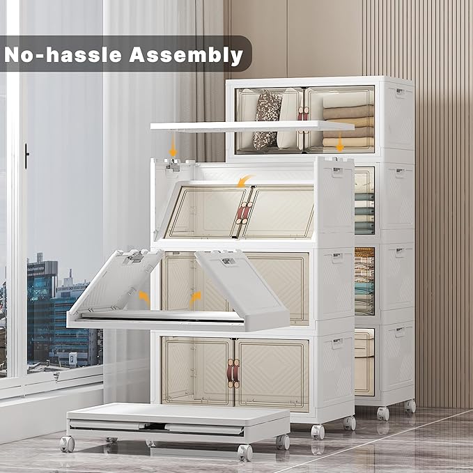 Stackable Storage Bins with Lids & Wheels & Door, Foldable Collapsible Closet Organizers, Extra Large Plastic Storage Drawers for Bedroom Dorm Office Garage (White-112qt, 4Pack with 1 top lid)