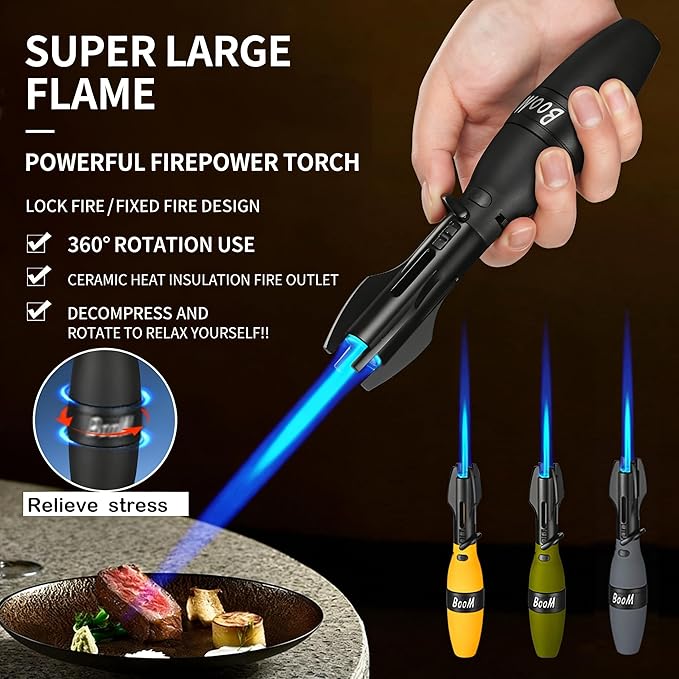 Torch Lighter Jet Flam Lighter Refillable Butane Windproof Adjustable Long Lighters for Candle Grill BBQ Camping Hiking Lighers (Black)
