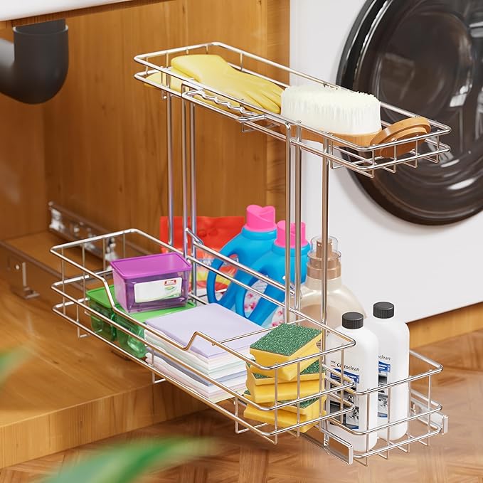 2 Tier Under Sink Organizer 11" W X18 D, Pull Out Cabinet Organizer One Removable Basket, Under Sink Slide Out Chrome Plated, Under Kitchen Bathroom Sink Organizer, 2 Pack