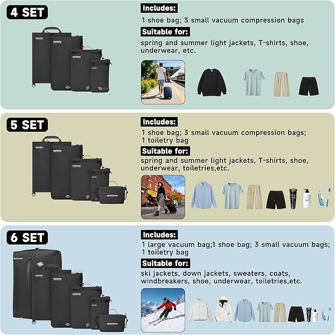 4 Set Vacuum Bags for Travel, Professional Reusable Organizer Bag with IPX8 Waterproof Zipper, Compression Bag for Suitcases, Durable Seal Space Saver Bags (Black,with pump)