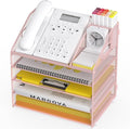 Letter Tray Paper, 5 Tier Desk Organizer with Pen Holder and Handle, Mesh File Organizer Paper Sorter Metal Desktop Document Shelf for Office Home Classroom - Pink