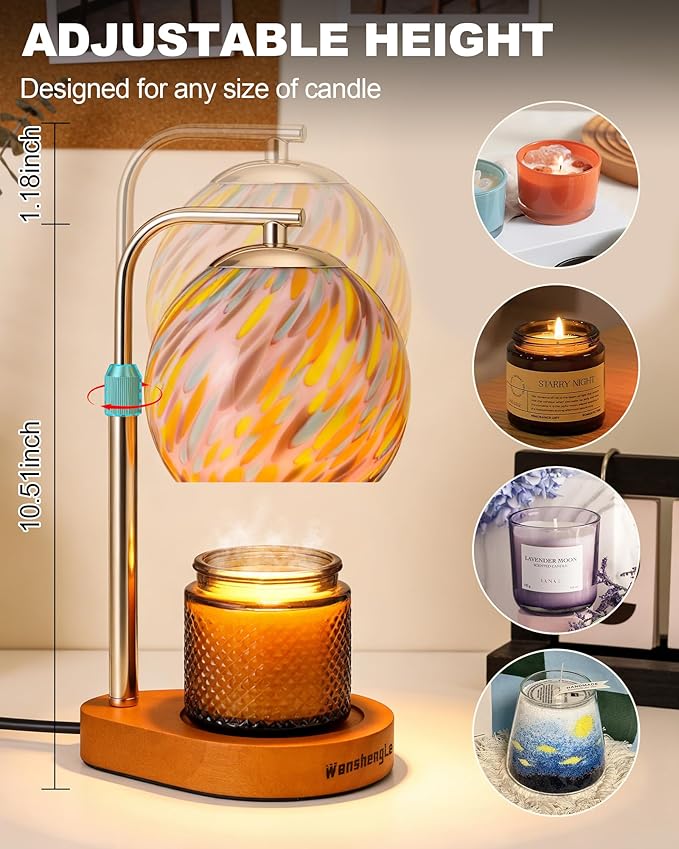 Stained Glass Candle Warmer Lamp with Dimmable 7-Level Brighness, Adjustable Height with 2/4/8H Timer, Home Decor with 2 Bulbs and Gifts for Women Mom Scented Jar Candles- Gold