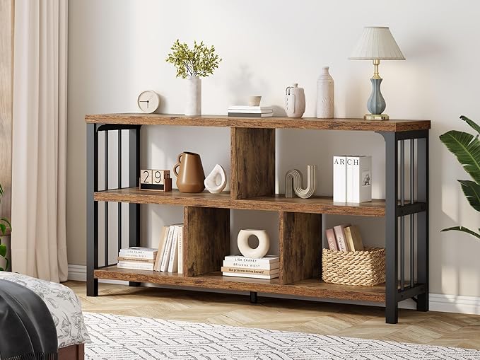 IBF Farmhouse 3 Tier Open Book Shelf, Wood and Metal 5 Cube Storage Organizer, Modern Low Horizontal Bookshelf for Bedroom Living, Long Wide Office Cubby Bookcase with Storage, Rustic Brown, 47 Inch