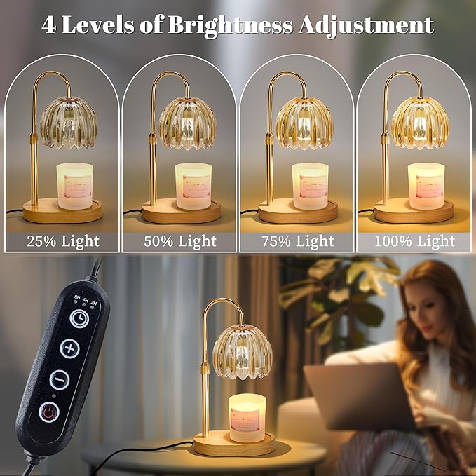 Candle Warmer Lamp with Timer Dimmer Adjustable Height, for New Home Decor,Valentine's Day, Birthday Gifts for Women,Wax Warmer Lamp for Jar Candles with 2 Bulbs(Gold)