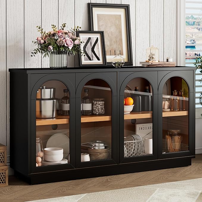 Amposei 57.7-Inch Vintage Sideboard Cabinet 4 Glass Door Storage Cabinet Buffet Console Table with Adjustable Shelves for Kitchen Entryway Dining Living Room, Black