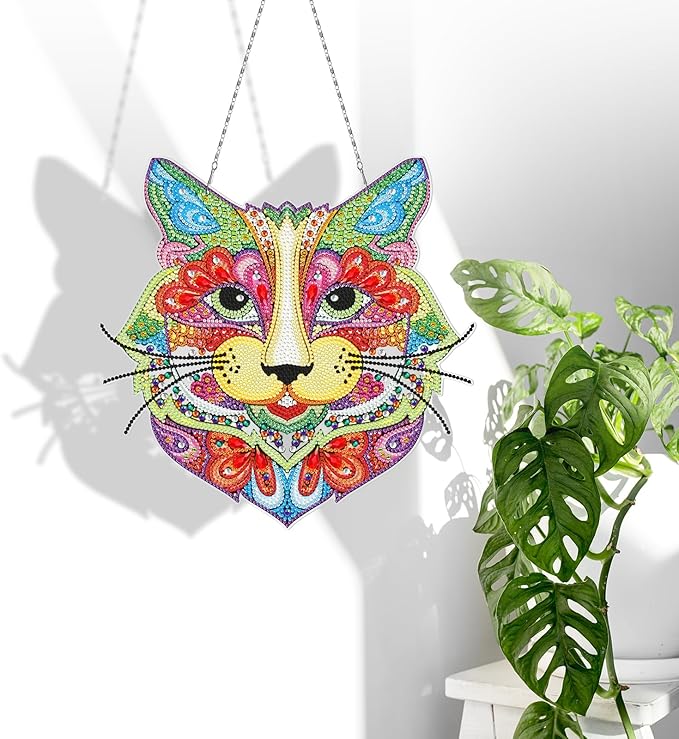 Colorful Leopard Head Diamond Art Hanging Pendant with LED Light String DIY 5D Panther Diamond Art Painting Wreath Hanging Sign Special Shape Beads by Number Stitch Kits for Home Wall Room Door Decor