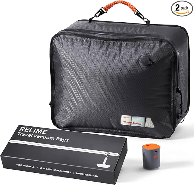 Relime Apex Series Vacuum Bags for Travel Luggage, 180° Open, Reusable Compression Bags for travel Pack, Vacuum Seal Packing Cube for Cloth (1Medium+Pump)