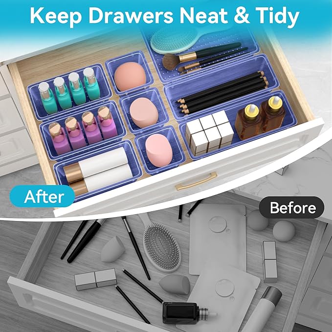 ElegantArray 12 PCS Drawer Organizer Set, 4 Sizes Tool Storage Trays, Clear Plastic Makeup Vanity Organizer and Storage Bins for Stationeries, Multiple Gadgets for Office, Bedroom, Navy Blue