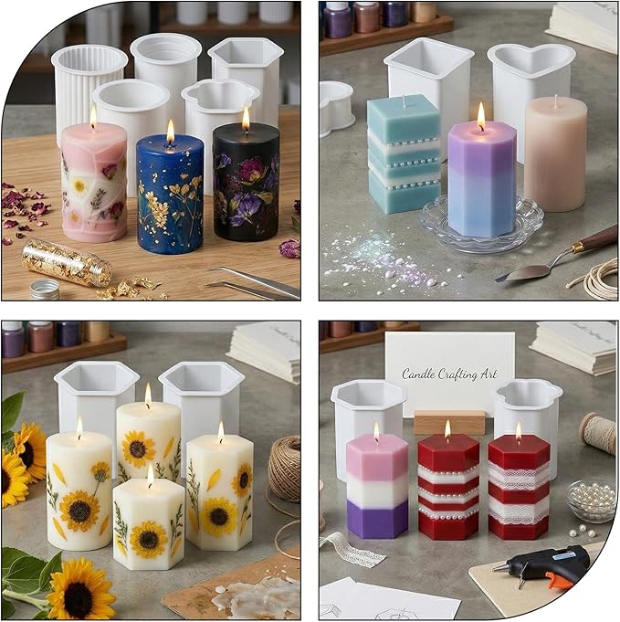 Thinp 8 Pcs Cylinder & Hexagon Candle Silicone Mold, Pillar Candle Mold Reusable Cylinder/Hexagon/Heart/Flower/Square Shapes Resin Molds for Candles Making DIY Crafts (6 Styles)