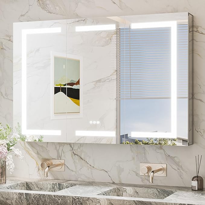 TokeShimi 48x32 Lighted Medicine Cabinet with Mirrored and Sockets, Anti-Fog Surface or Recessed Medicine Cabinet Mirror Led 3 Colors Dimmable, Frontlit Mirror with Storage Bathroom Vanity