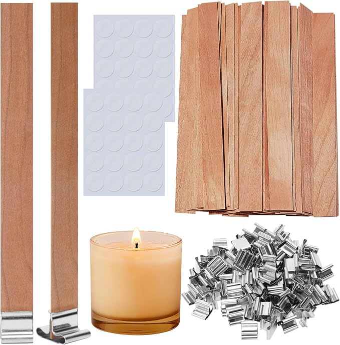 140 Pcs Wooden Candle Wicks Kit, Includes 50 Wood Wicks (5.1 x 0.5in), 50 Iron Stands and 50 Wick Stickers, Naturally Smokeless Candle Cores for DIY Candle Making
