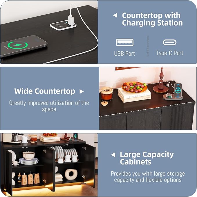 63'' Buffet Cabinet with Storage, Coffee Bar with 4 Doors & 2 Adjustable Shelves, Modern Sideboard Table with 3 Color LED Light for Kitchen (Black)