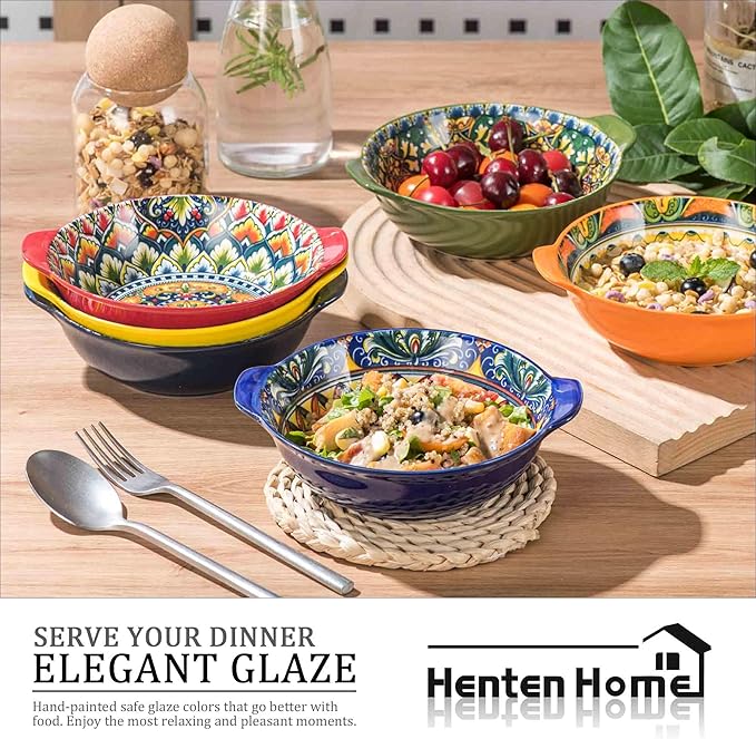 Henten Home Ceramic Soup Bowls Set, 14 oz Cereal Bowl Set of 6, Porcelain Small Dessert Bowls with Handle, for Serving, Snack, Salad, Bohemian, Microwave & Dishwasher Safe