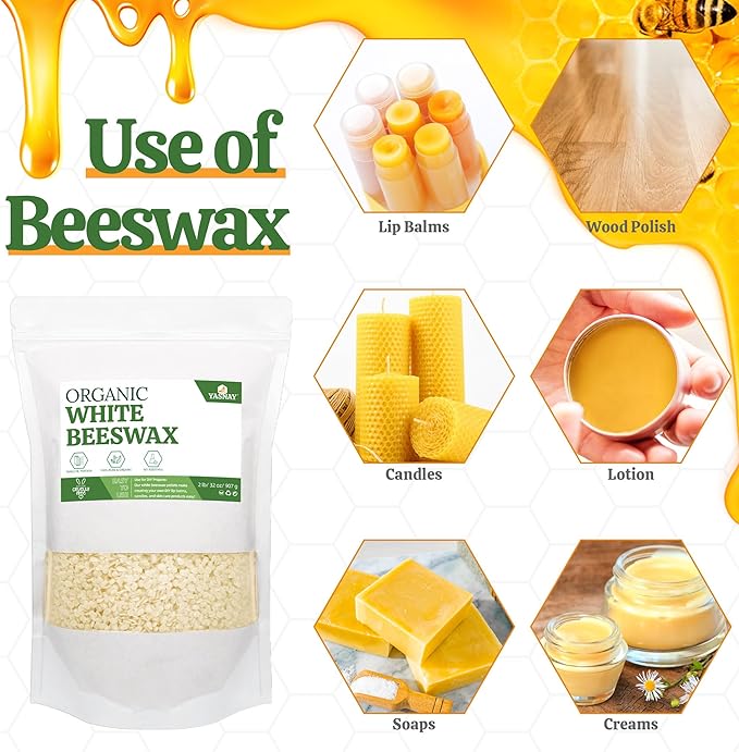 YASNAY White Beeswax Pellets 2LB, Organic Beeswax, Beeswax for Candle Making, Body, Skin Care DIY, Lip Balm and Soap Making Supplies