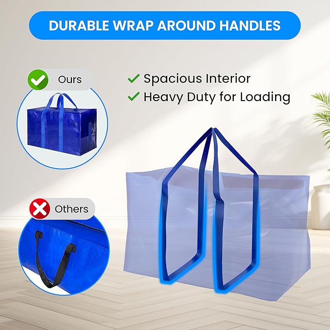 Simple Deluxe 4 Pack Extra Large Moving Bags with Lids, Reinforced Handles and Zippers, Heavy Duty Storage Tote for Moving Travel Camping Space Saving, Blue
