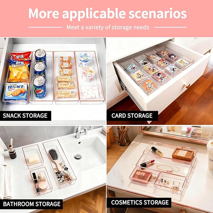 6 Pack Large Size Clear Stackable Drawer Organizer Trays, Rose Gold Rim Makeup Drawer Storage Tray Divider, Desk Storage for Makeup, Jewelry, Bathroom, Stationary, Kitchen Utensils and Office Desk