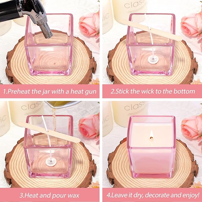 CONNOO 12 Pack 9oz, 3oz Pink Square Candle Jars for Making Candles, Thick Glass Bulk Empty Candle Containers with Airtight Bamboo Lids for Candle Making, Sticky Warning Labels - Dishwasher Safe