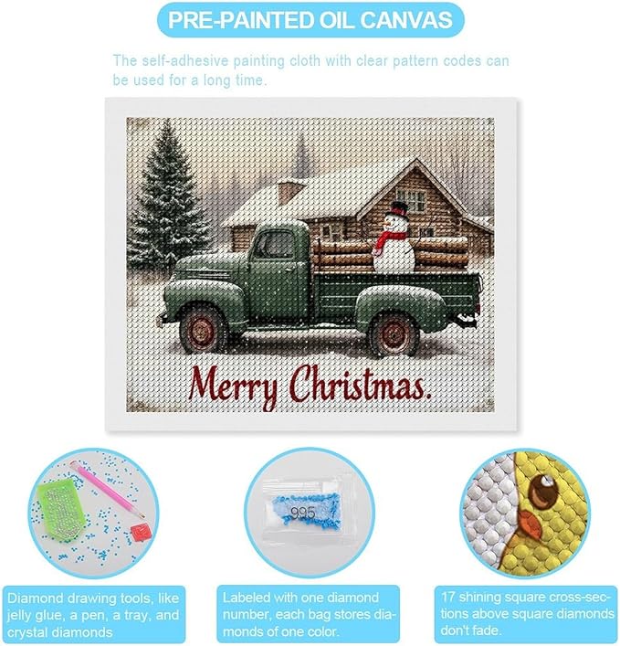 AIVKIEJK Diamond Painting Kits for Adults - Christmas Truck with Snowman & Cabin Winter Painting DIY 5D Full Drill Diamond Dots Paintings with Diamonds Gem Art and Crafts Home Decor 16"x20"