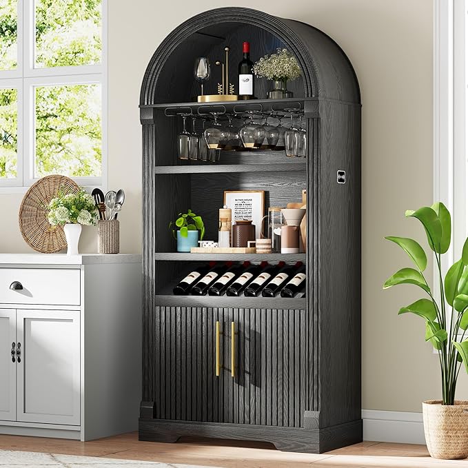 Vlsrka 71" Tall Arched Kitchen Pantry Cabinets, Wood Kitchen Storage Cabinets/Arched Bookshelf/Bookcase,China Cabinet with Open & Adjustable Shelves, Induction LED Light (Black A)