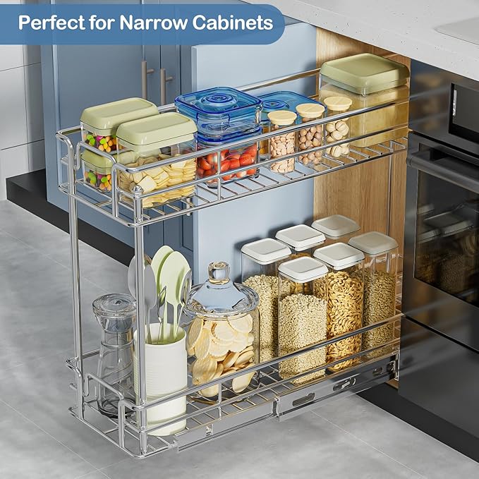 ROOMTEC Pull Out Cabinet Organizer for Narrow Cabinet (8.5" W X 21.5" D), Kitchen Cabinet Organizer and Storage 2-Tier Cabinet Pull Out Shelves Under Cabinet Storage for Kitchen, Chrome