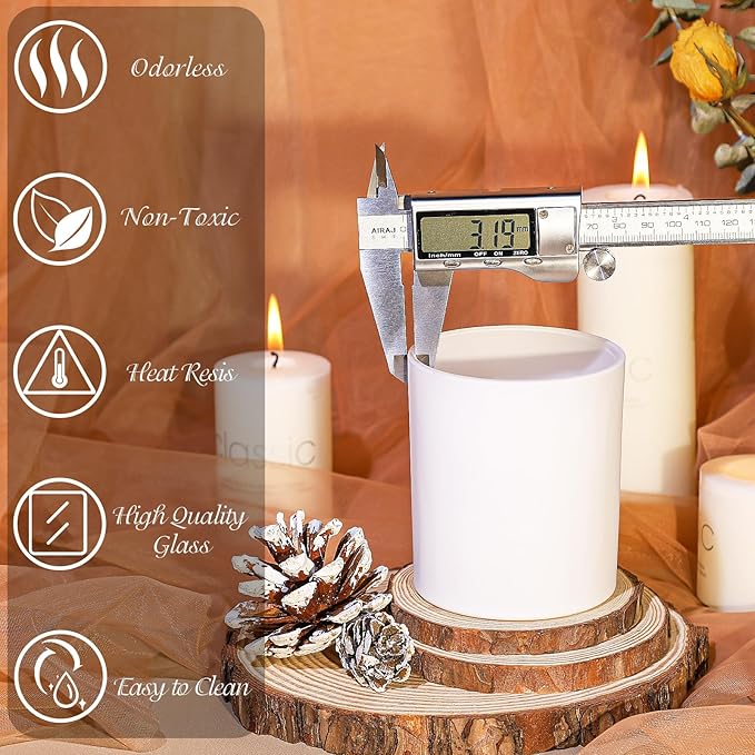 CONNOO 12 Pack 10 OZ White Glass Candle Jars for Making Candles with Airtight Bamboo Lids Nice Sticky Warning Labels for Candle Making Empty Container Bulk - Dishwasher Safe