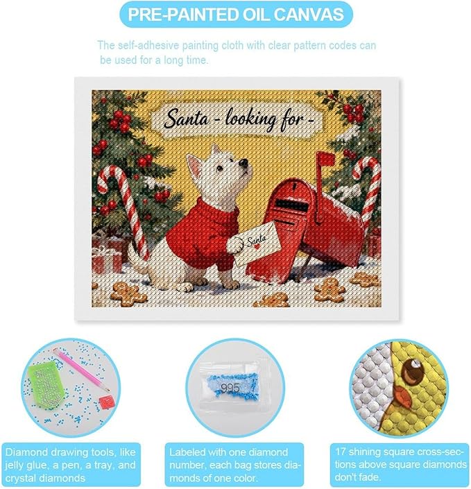 Diamond Painting Kits for Adults - Cute Scottish Terrier Christmas Westie Dog Holding Santa Letter Painting DIY 5D Full Drill Diamond Dots Paintings with Diamonds Gem Art And Crafts Home Decor 12"x16"