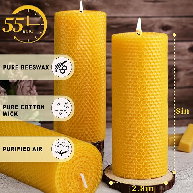 4 Pack Large Beeswax Candles, 2.8x8 Inch Pure Natural Beeswax Pillar Candles 200 Hours Emergency Candle, Organic Bees Wax Candles for Home,Paryer,Parties,Unscented Dripless Smokeless Beeswax Candle