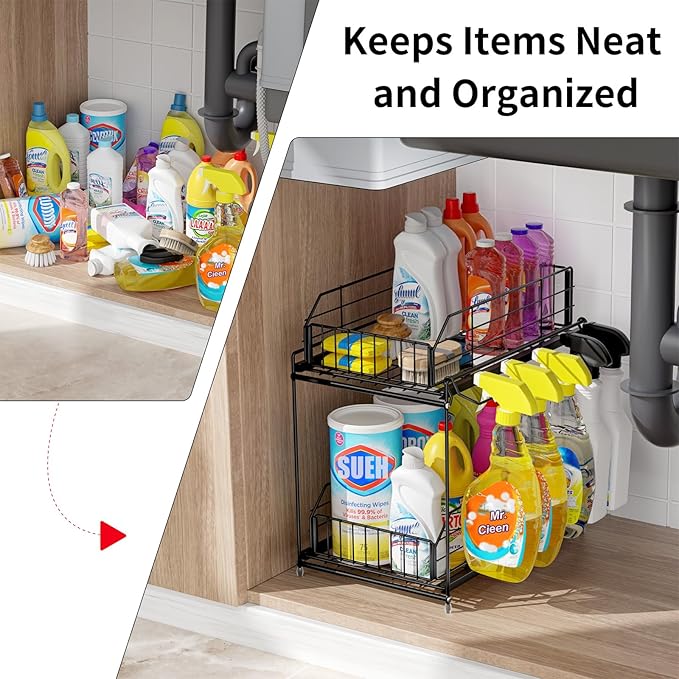 SUEH DESIGN Under Sink Organizer, 2 Tier Bathroom Cabinet Organizer Metal Kitchen Sink Organzier with Hanging Rail for Kitchen Bathroom Organization and Storage, 1 Pack