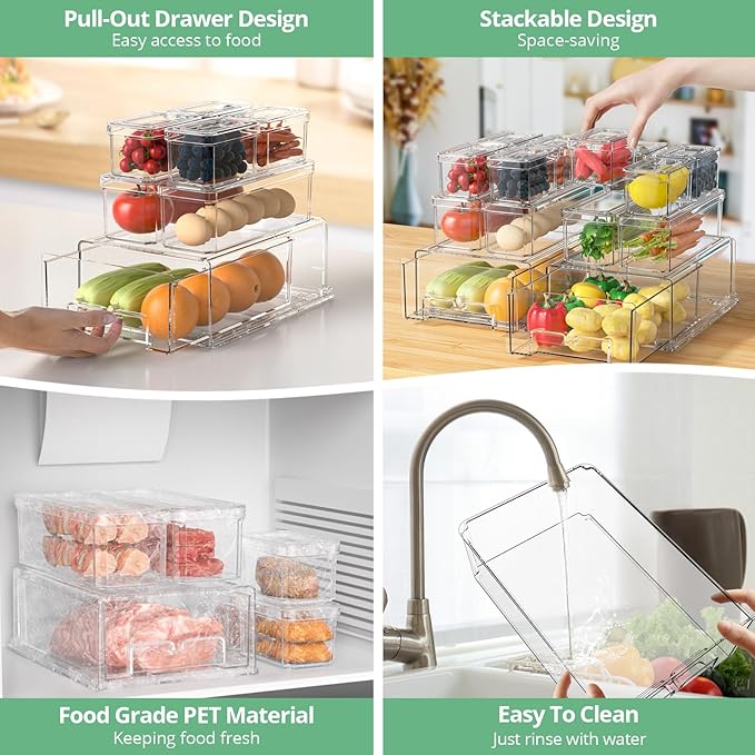 damynuo 14Pack Fridge Organizer Bins, Clear Refrigerator Organizing Containers with Lids and Refrigerator Drawers, Stackable Food, Vegetable and Fruit Containers for Fridge Organizers and Storage