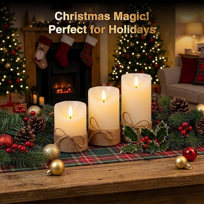 Rechargeable Flameless LED Candles,Flickering Candles with Auto On/Off Timer 2H/4H/6H/8H,Real Wax, Dimmable Brightness,4" 5" 6" Set of 3 for Valentine's Day,Centerpiece Table Decorations,Home Decor