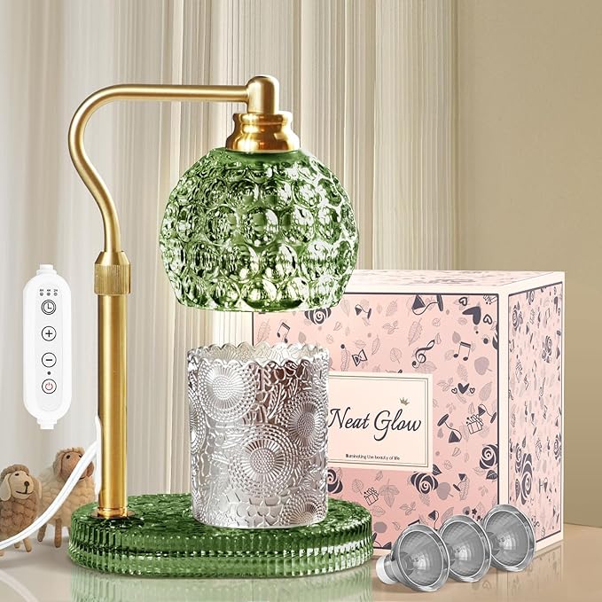 Candle Warmer Lamp with Timer & Dimmer, Glass Lamp Candle Warmer for Jar Candles, UPGRATED with 3 Bulbs, Height Adjustable Electric Wax Warmer for Elegant Home Decor (Sage)