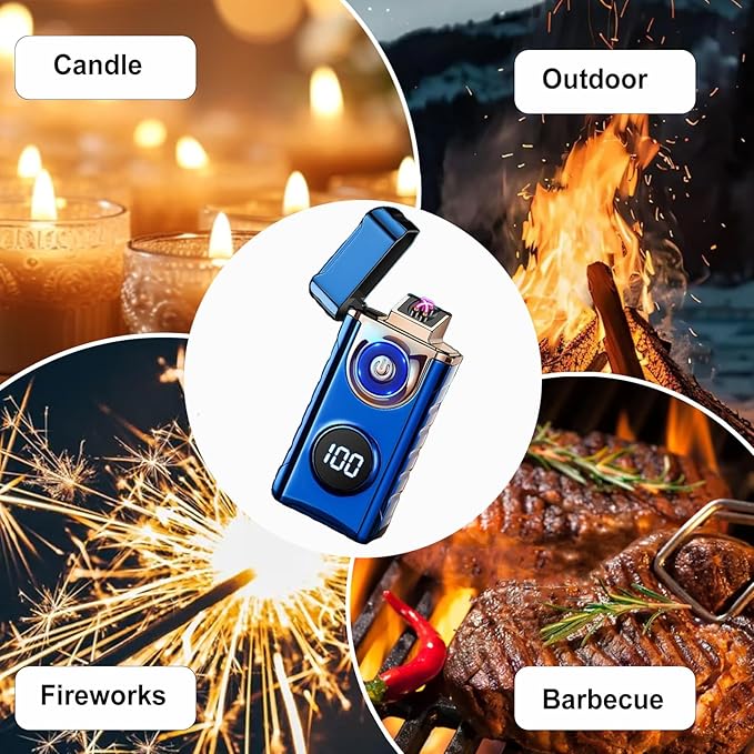 Electric Lighters Plasma Lighters Rechargeable with with LED LED Display and LED Emergency Lights Windproof USB Rechargeable Lighter Cool Lighte for Candle,Camping,Gift(Blue)