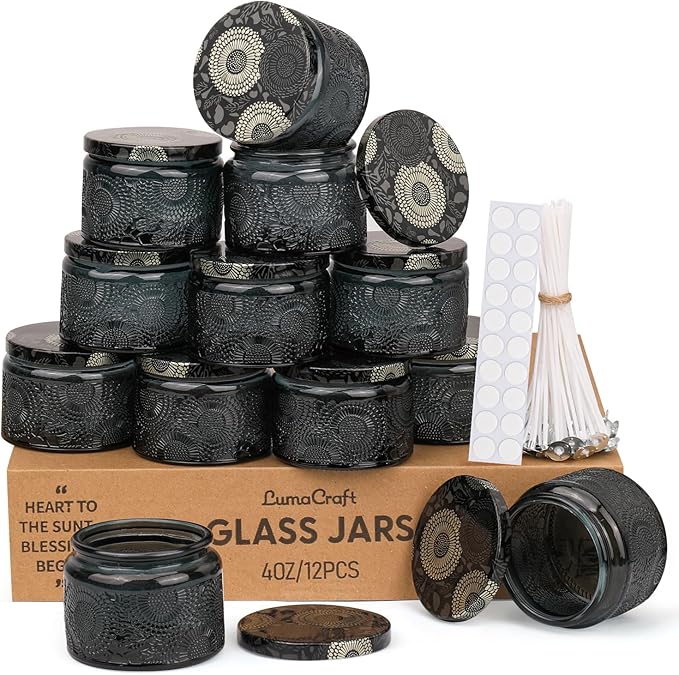 LumaCraft Luxury Embossed Glass Candle Jars for Making Candles - 12 Pack Empty Candle Containers with Airtight Metal Lids, 20 Wicks & 20 Stickers, Colored Glass Jars for Gifts & Decor-4OZ