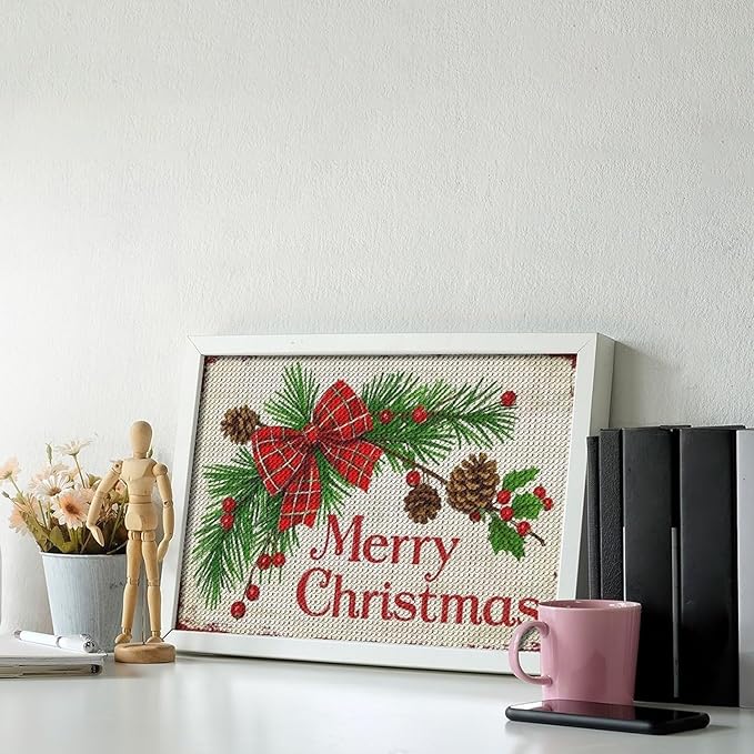 AIVKIEJK Diamond Painting Kits for Adults - Merry Christmas Holly, Pine Cones & Red Plaid Bow Painting DIY 5D Full Drill Diamond Dots Paintings with Diamonds Gem Art and Crafts Home Decor 8"x12"