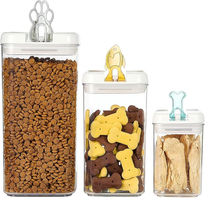 Felli Flip Tite Pet Food Container with Airtight Lids, BPA FREE Acrylic Canister with Paw Bone Fish Flip Top Handles for Cat Dog Kibble Treats Storage, Keep Fresh (Pet Collection Nest-L3pk)