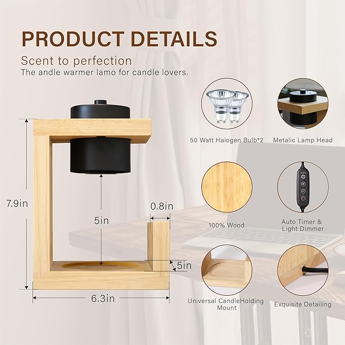 AIKUT Candle Warmer Lamp, with 2 Bulbs,Timer & Dimmer,Simple Natural Wood,Compatible Up to 4.5 inch Candles,for Home Scented and Décor，110-120V (Wood)