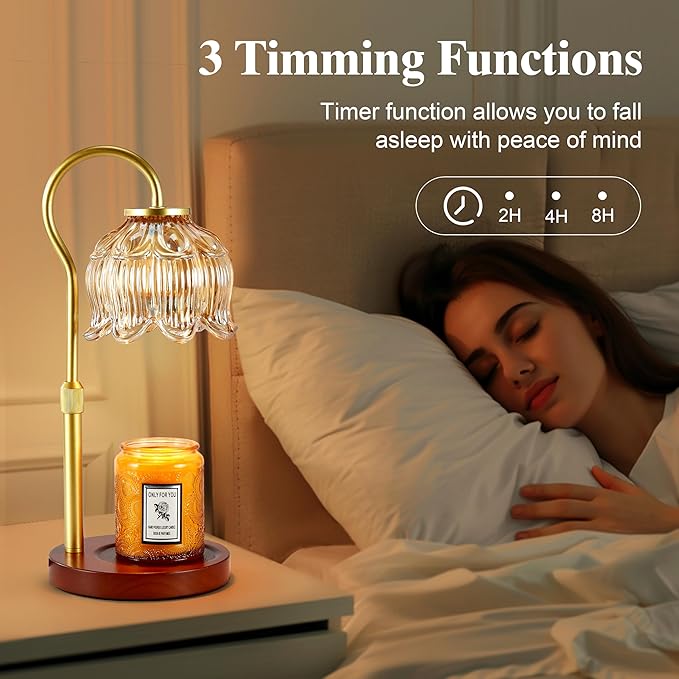 Dreamholder Electric Candle Warmer Lamp with Timer & Dimmer, Adjustable Height Wax Melt Warmer for Jar Candles, Wood Base Candle Melter, Floral Home Decor Gifts for Women, Walnut Gold