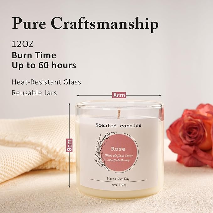 Rose Scented Candle – 100% Natural Soy Wax, Cotton Wick, Odor Eliminating, Soothing Floral Aroma, 12oz, 60 Hour Burn, White – Ideal for Home Decor, Spa, Bath, Parties & Gifts for Men and Women