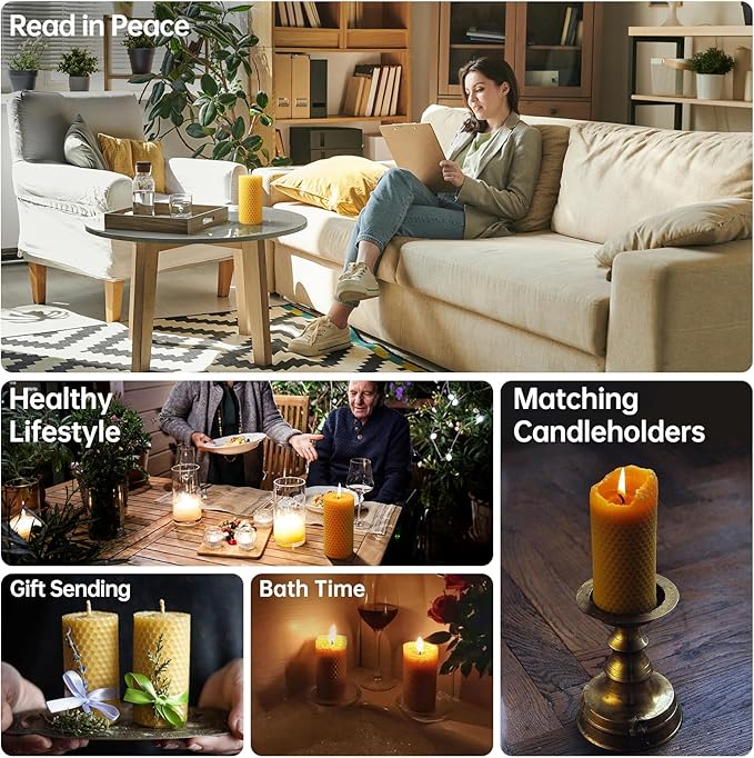 Hand-Rolled Beeswax Candles, 2 Packs, Handcrafted Honeycomb Beeswax Pillar Candles, Natural Bee Farm Gift for Candle Lovers,Home Decor, Air Purify (2x4 in)