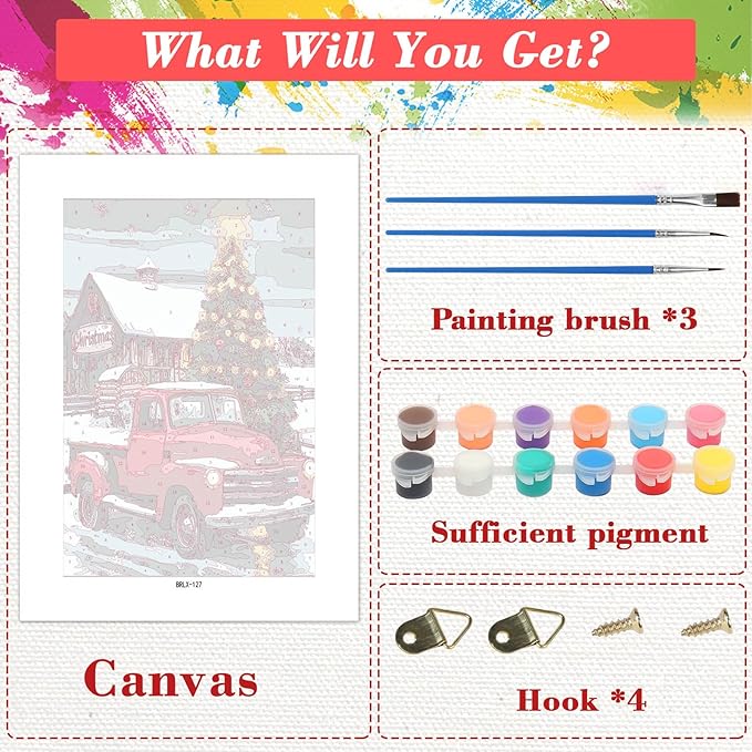 Skyboda Red Truck Paint by Numbers Kit for Adults Beginners with Frame, Christmas Tree Adult Paint by Number Kits on Canvas, Easy DIY Oil Painting Kits for Home Decor, 8x12in