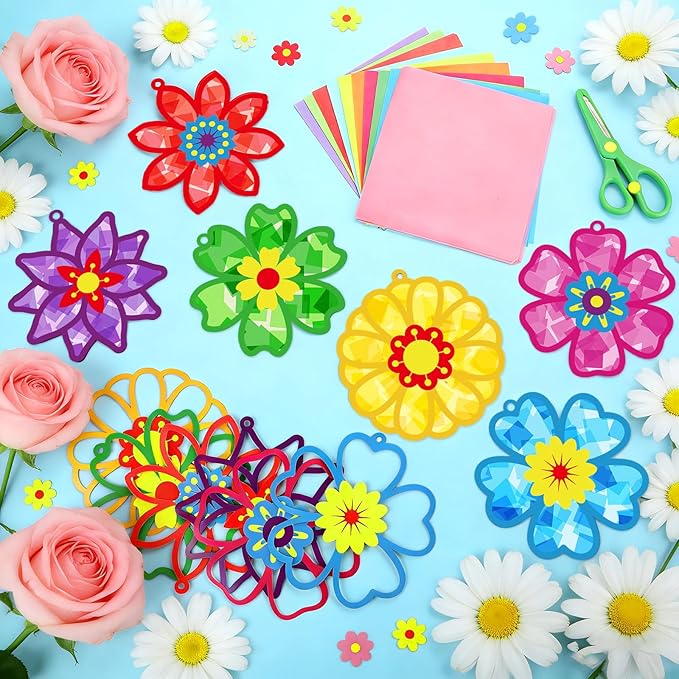 Qyeahkj 36 Set Flowers Suncatchers Crafts for DIY Spring Floral Window Tissue Paper Craft Kit Hanging Decor for Mother's Day Gifts Home Activity Art Project Birthday Party Favor