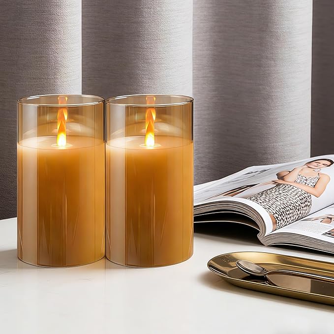 HaitanghuaRechargeable Candles, Remote Control Candles, with Remote Control, 2/4/6/8 Hour Timer Function, USB Rechargeable flameless Candles, Pillar Candles, Gold, 6 inches (2 Pack)
