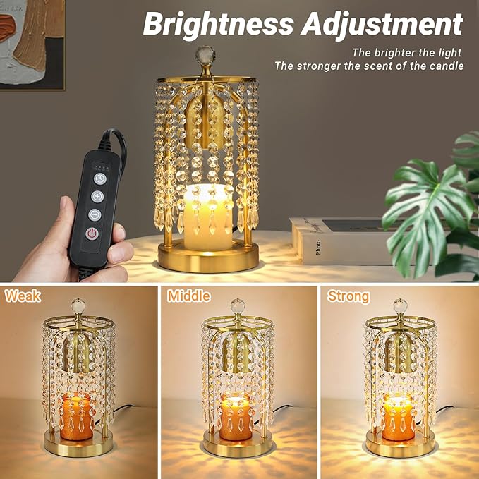 Gold Candle Warmer Lamp with Timer and Dimmer - Electric Candle Warmer,Crystal Candle Lamp for Bedroom Decor,Flameless Scented Candle Light Warmer,House Warming Gift New Home for Women