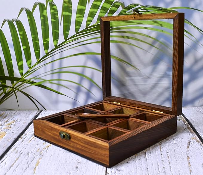 Wooden Spice Box with Glass Lid - Decorative Masala Dabba Organizer with Spoon, 9 Removable Compartments Spice Storage Container Ideal for Seasonings & Herbs Perfect for Gift (9x9 Inch)