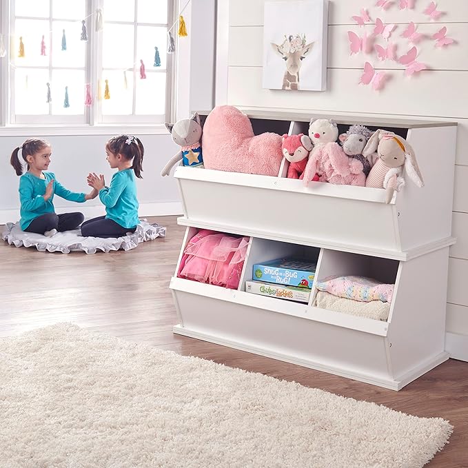 Badger Basket Three Bin Stackable Toy Storage Cubby Organizer - Expandable Modular Storage for Toys & Crafts - White/Gray Woodgrain