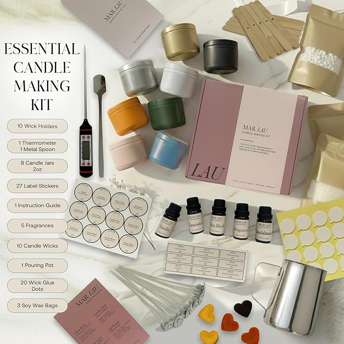 Mar Lau Luxe Soy Candle Making Kit for Adults – Complete Candle Making Supplies with Wax Melting Pot, Candle Wax for Candle Making, Craft Kits for Adults Women, Spa Fragrance Oils, Metal Tins & Tools