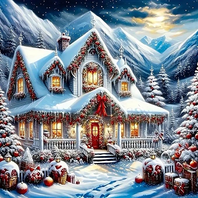 CZYWJMEI Christmas 5D Diamond Painting Kits for Adults Beginners,DIY Winter House Diamond Art Kits,Full Round Drill Diamond Dot Gem Art Kits,Home Wall Decor 13.7x13.7nch