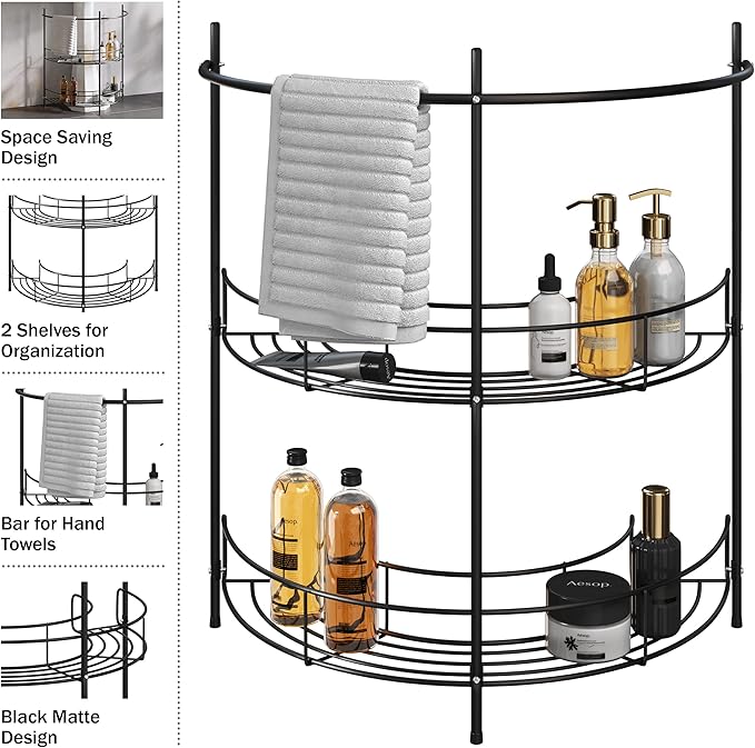 Pedestal Sink Organizer - Compact Under Sink Rack with 2 Storage Shelves and Towel Holder - Space Saving Bathroom Storage by Lavish Home (Black)